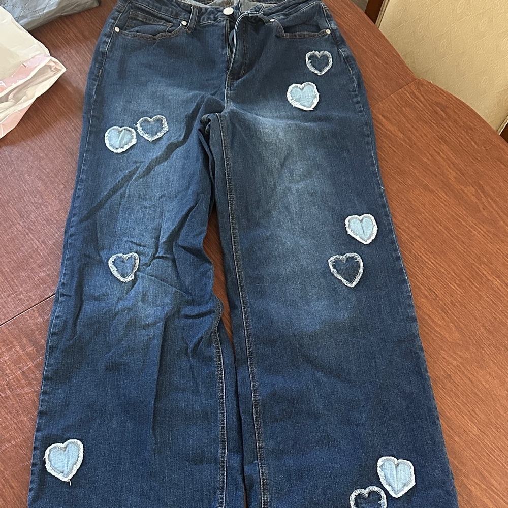 ARULA Blue Heart-Embellished Wide Leg Jeans